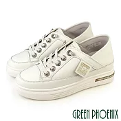 【GREEN PHOENIX】女 休閒鞋 懶人鞋 後踩兩穿 真皮 免綁鞋帶 鬆糕厚底 JP22.5 米色