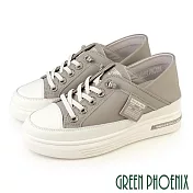 【GREEN PHOENIX】女 休閒鞋 懶人鞋 後踩兩穿 真皮 免綁鞋帶 鬆糕厚底 JP22.5 灰色