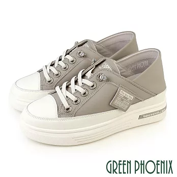 【GREEN PHOENIX】女 休閒鞋 懶人鞋 後踩兩穿 真皮 免綁鞋帶 鬆糕厚底 JP22.5 灰色