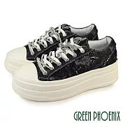 【GREEN PHOENIX】女 休閒鞋 帆布鞋 綁帶 輕量 丹寧 牛仔 鬆糕厚底 EU36 黑色