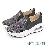 【GREEN PHOENIX】女 休閒鞋 懶人鞋 氣墊鞋 彈力 全真皮 水鑽 厚底 EU36 黑色