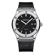 Mark Fairwhale 馬克菲爾 個性潮流特殊外觀牛皮錶帶手錶-5640(機械風格錶) 紳士黑