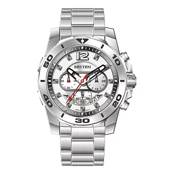 RHYTHM 麗聲 高級時尚三針三眼多色堆疊日期顯示不鏽鋼手錶-S1408S 銀框白底