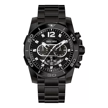 RHYTHM 麗聲 高級時尚三針三眼多色堆疊日期顯示不鏽鋼手錶-S1408S 黑框黑底
