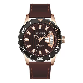 RHYTHM 麗聲 酷炫錶圈賽車風格日期顯示親膚橡膠錶帶手錶-TQ1701(潛水錶) 黑框咖底