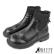 【Pretty】女 短靴 襪靴 彈力 針織 襪套式 拼接 後拉鍊 鋸齒 厚底 JP25 黑色