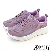 【Pretty】女 休閒鞋 運動鞋 綁帶 網布 透氣針織 厚底 JP23 紫色