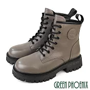 【GREEN PHOENIX】女 馬丁靴 短靴 綁帶靴 軍靴 厚底 牛皮 全真皮 短筒 JP23.5 灰色