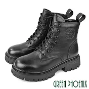 【GREEN PHOENIX】女 馬丁靴 短靴 綁帶靴 軍靴 厚底 牛皮 全真皮 短筒 JP23 黑色