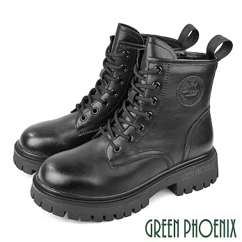 【GREEN PHOENIX】女 馬丁靴 短靴 綁帶靴 軍靴 厚底 牛皮 全真皮 短筒 JP24 黑色