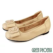 【GREEN PHOENIX】女 娃娃鞋 包鞋 全真皮 內增高 蝴蝶結 通勤 上班 EU35 杏色