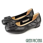 【GREEN PHOENIX】女 娃娃鞋 包鞋 全真皮 內增高 蝴蝶結 通勤 上班 EU38 黑色