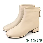 【GREEN PHOENIX】女 短靴 素面 後拉鍊 厚底 羊皮 全真皮 短筒 粗跟 JP23 米色