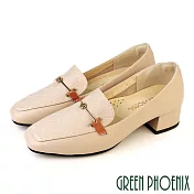 【GREEN PHOENIX】女 樂福鞋 包鞋 跟鞋 粗跟 粗中跟 馬銜釦 全真皮 台灣製 US7.5 粉紅色