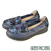 【GREEN PHOENIX】女 平底鞋 包鞋 懶人鞋 莫卡辛 休閒鞋 便鞋 全真皮 厚底 EU36 深藍色