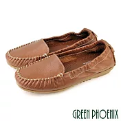 【GREEN PHOENIX】女 平底鞋 莫卡辛 豆豆鞋 懶人鞋 休閒鞋 便鞋 全真皮 台灣製 EU37 棕色6