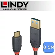 LINDY 林帝 ANTHRA USB 3.2 Gen 2 Type-C/公 to Type-A/公 傳輸線 + PD智能電流晶片 0.5m (36910)