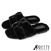 【Pretty】女 拖鞋 毛毛拖鞋 保暖拖鞋 室內拖鞋 絨毛 方頭 EU36 黑色