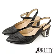 【Pretty】女 涼鞋 跟鞋 高跟 粗跟 尖頭 繞踝 皮帶釦 台灣製 JP24 黑色