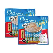 (2袋40入超值組)日本CIAO-啾嚕貓咪營養肉泥幫助消化寵物補水流質點心20入/袋(綠茶消臭成分,毛孩液狀零食獨立包裝) 鰹魚柴魚(藍袋)*2袋