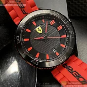 FERRARI法拉利精品錶,編號：FE00072,48mm圓形黑精鋼錶殼黑色錶盤真皮皮革紅錶帶
