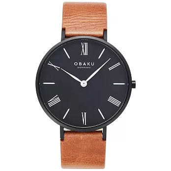 OBAKU 羅馬時刻紳士皮革時尚腕錶-棕X黑