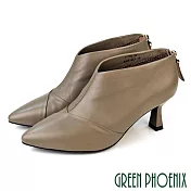 【GREEN PHOENIX】女 踝靴 短靴 高跟 尖頭 小羊皮 真皮 乳膠鞋墊 EU35 灰色