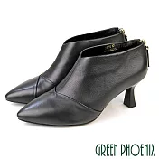【GREEN PHOENIX】女 踝靴 短靴 高跟 尖頭 小羊皮 真皮 乳膠鞋墊 EU38 黑色