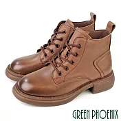 【GREEN PHOENIX】女 短靴 馬丁靴 工程靴 綁帶靴 真皮 JP24 棕色
