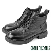 【GREEN PHOENIX】女 短靴 馬丁靴 工程靴 綁帶靴 真皮 JP23.5 黑色