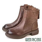 【GREEN PHOENIX】女 短靴 中筒靴 機車靴 真皮 拉鍊 JP22.5 棕色