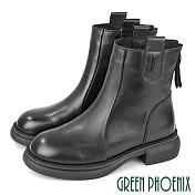 【GREEN PHOENIX】女 短靴 中筒靴 機車靴 真皮 拉鍊 JP24.5 黑色