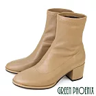 【GREEN PHOENIX】女 短靴 素面 小羊皮 真皮 萊卡 短筒 粗跟 高跟 EU36 棕色