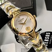 VERSUS VERSACE凡賽斯精品錶,編號：VV00377,30mm圓形金色精鋼錶殼白色錶盤精鋼金銀相間錶帶