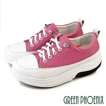 【GREEN PHOENIX】女 休閒鞋 懶人鞋 真皮 免綁鞋帶 輕量彈力厚底 磁石震動 會呼吸的鞋 EU35 粉紅色