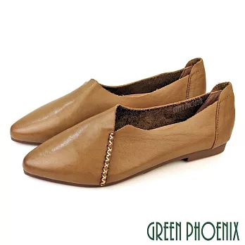 【GREEN PHOENIX】女 娃娃鞋 便鞋 包鞋 懶人鞋 平底 真皮 油蠟牛皮 EU35 卡其色