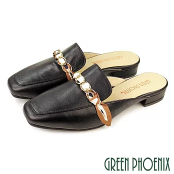 【GREEN PHOENIX】女 穆勒鞋 半拖鞋 包頭拖鞋 全真皮 絲巾 鍊釦 牛皮 台灣製 US5 黑色