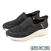 【GREEN PHOENIX】女 健走鞋 休閒鞋 懶人鞋 秒穿滑套 厚底 彈力 透氣 襪套式 EU35 黑色
