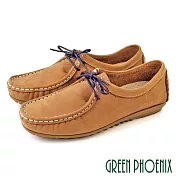【GREEN PHOENIX】女 休閒鞋 袋鼠鞋 平底鞋 豆豆鞋 全真皮 牛皮 台灣製 US10 梨色