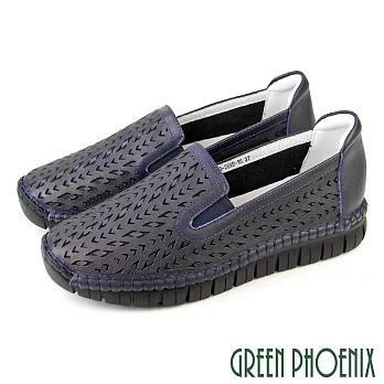 【GREEN PHOENIX】女 樂福鞋 休閒鞋 平底鞋 懶人鞋 便鞋 全真皮 牛皮 吸震減壓 EU35 藍色