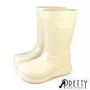 【Pretty】女 雨靴 雨鞋 防水靴 防水鞋 中筒 寬楦 EU39 米色