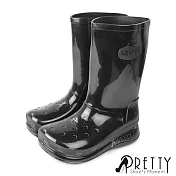 【Pretty】女 雨靴 雨鞋 防水靴 防水鞋 中筒 寬楦 EU37 黑色