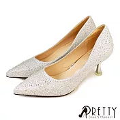 【Pretty】女 高跟鞋 新娘鞋 婚鞋 宴會鞋 包鞋 尖頭 金蔥 水鑽 高跟 細跟 JP25 銀色