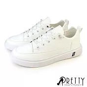【Pretty】男 休閒鞋 板鞋 懶人鞋 皮革 免綁帶 彈性鞋帶 直套式 EU40 白色