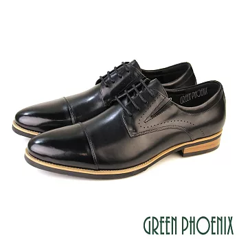 【GREEN PHOENIX】男 紳士鞋 商務鞋 德比鞋 皮鞋 綁帶 全真皮 牛皮 渲染 橫飾 EU43 黑色