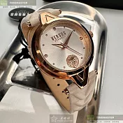VERSUS VERSACE凡賽斯精品錶,編號：VV00383,30mm圓形玫瑰金精鋼錶殼白色幾何立體圖形錶盤真皮皮革米白色錶帶