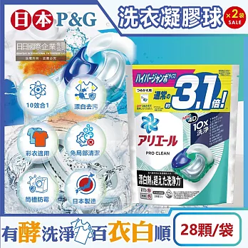 (2袋56顆超值組)日本P&G-Ariel PRO 10X酵素強洗淨漂白去污消臭4D洗衣凝膠球28顆/袋(除臭洗衣球,筒槽防霉,室內晾曬洗衣膠囊)