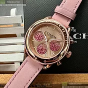 COACH蔻馳精品錶,編號：CH00172,38mm圓形玫瑰金精鋼錶殼玫瑰金色錶盤真皮皮革粉紅錶帶