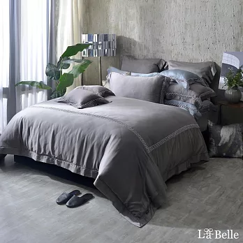義大利La Belle《法式雅靜》加大天絲蕾絲四件式防蹣抗菌吸濕排汗兩用被床包組(共兩款)-灰色