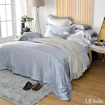 義大利La Belle《法式雅靜》雙人天絲蕾絲四件式防蹣抗菌吸濕排汗兩用被床包組(共兩款)-藍灰色